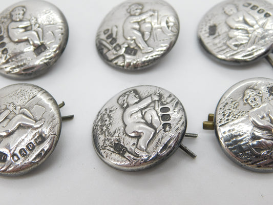 Victorian Set of Sterling Silver Cherub Classical Dress Buttons 1899 Antique