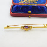 Edwardian 15ct Gold, Amethyst & Diamond Bar Brooch Antique c1910