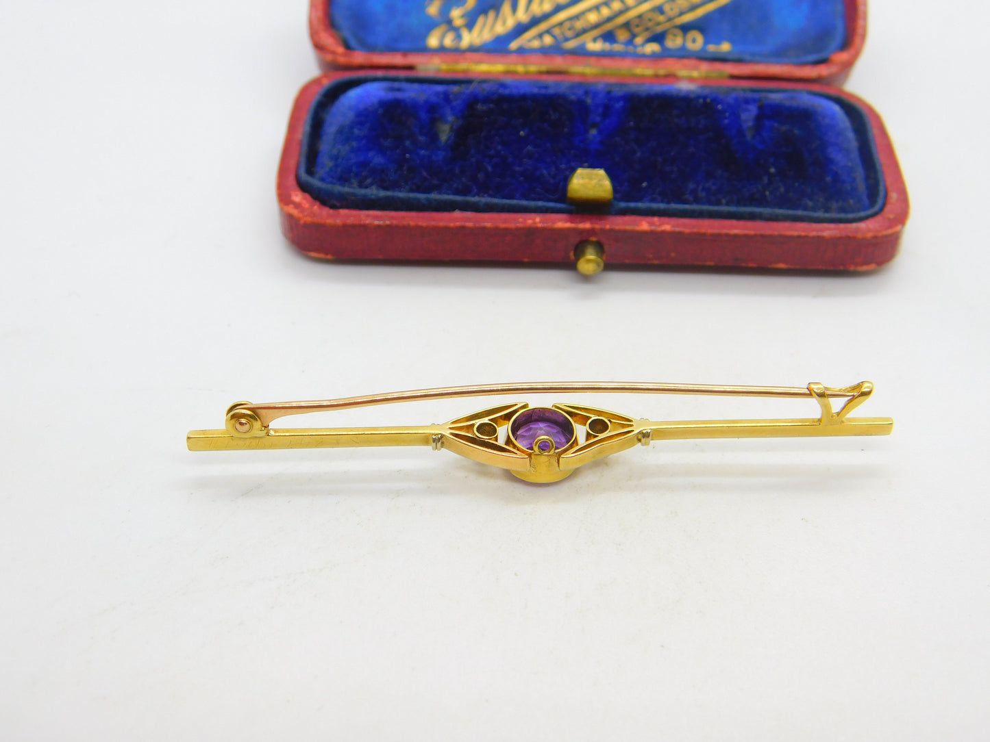 Edwardian 15ct Gold, Amethyst & Diamond Bar Brooch Antique c1910