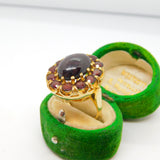 9ct Yellow Gold Cabochon Bohemian Garnet Floral Cluster Ring Vintage c1970