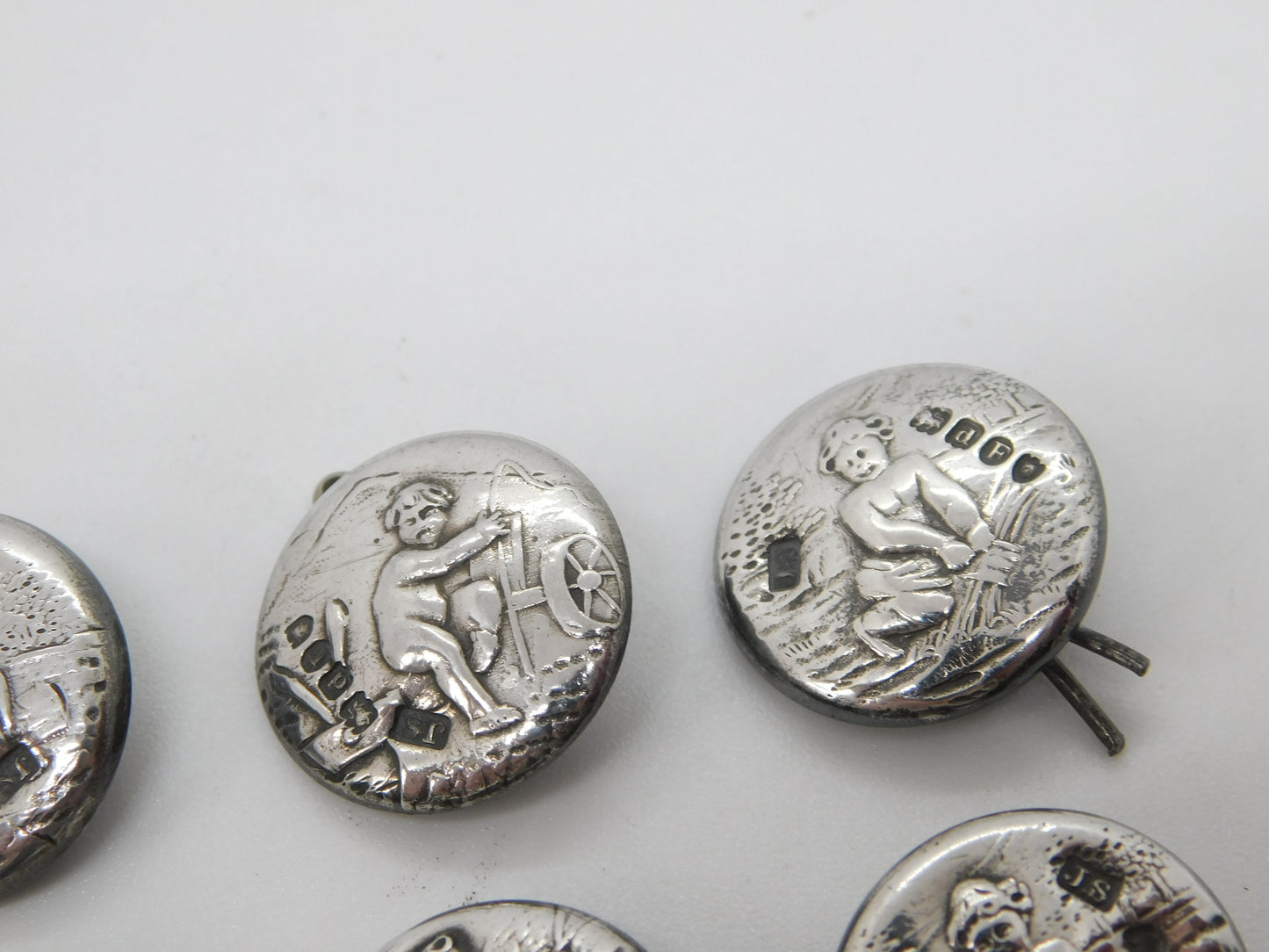 Victorian Set of Sterling Silver Cherub Classical Dress Buttons 1899 Antique