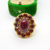 9ct Yellow Gold Cabochon Bohemian Garnet Floral Cluster Ring Vintage c1970