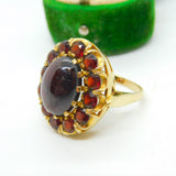 9ct Yellow Gold Cabochon Bohemian Garnet Floral Cluster Ring Vintage c1970