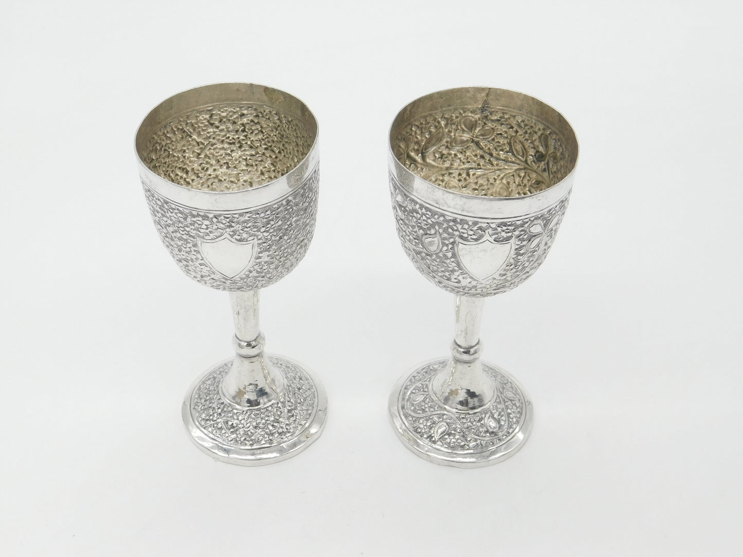 Pair of Victorian Kutch Indian Sterling Silver Wine Goblets Antique c1860