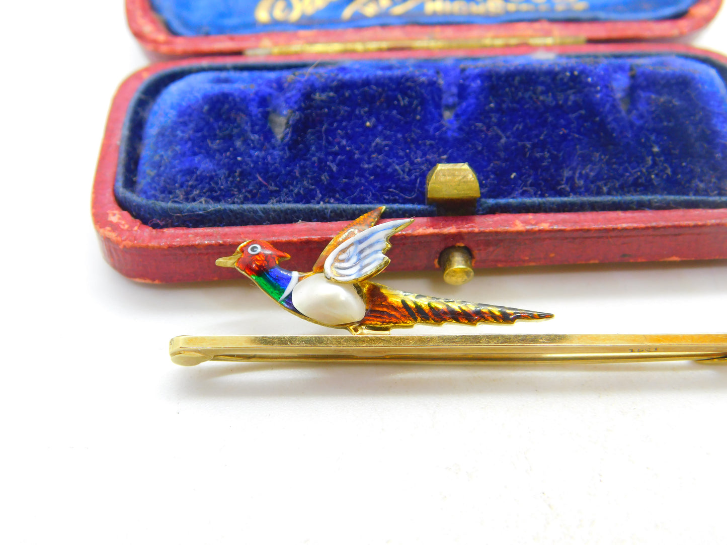 Victorian 15ct Gold, Enamel & Baroque Pearl Pheasant Brooch Pin Antique c1890