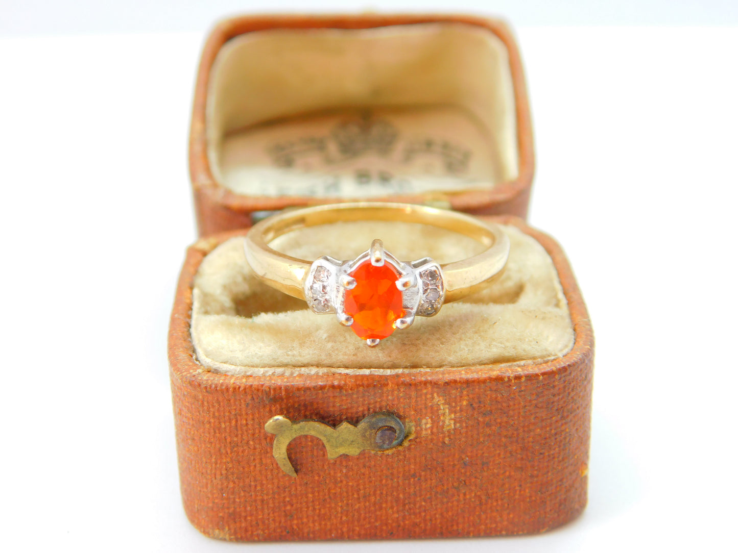 9ct Yellow Gold, Fire Opal & Diamond Set Band Ring Vintage c1990 London