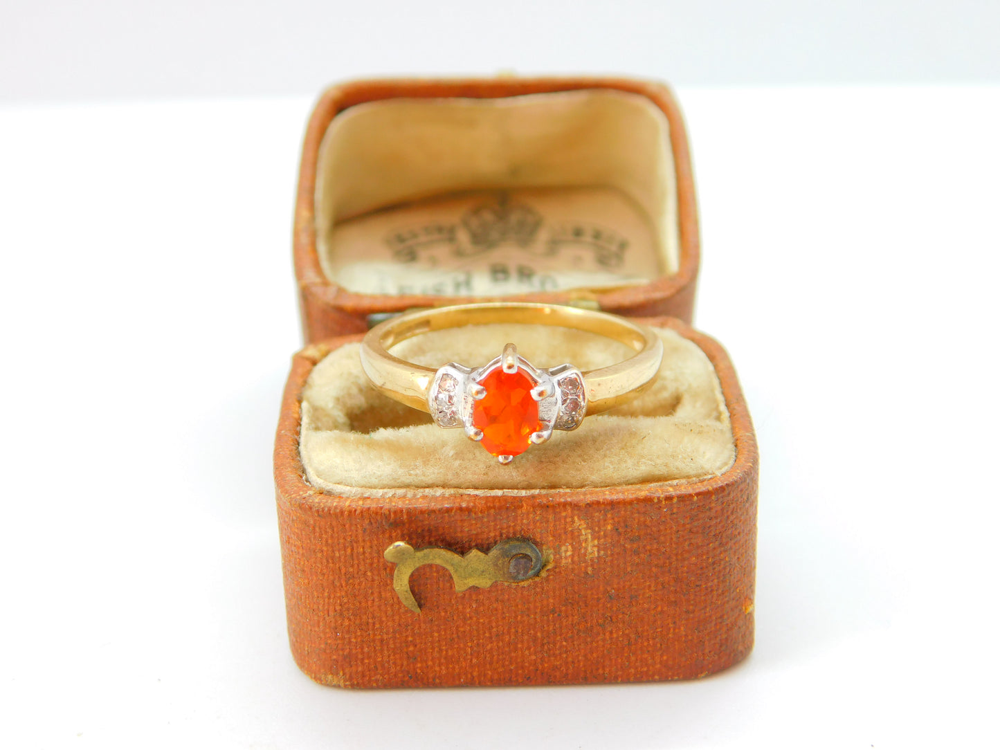 9ct Yellow Gold, Fire Opal & Diamond Set Band Ring Vintage c1990 London