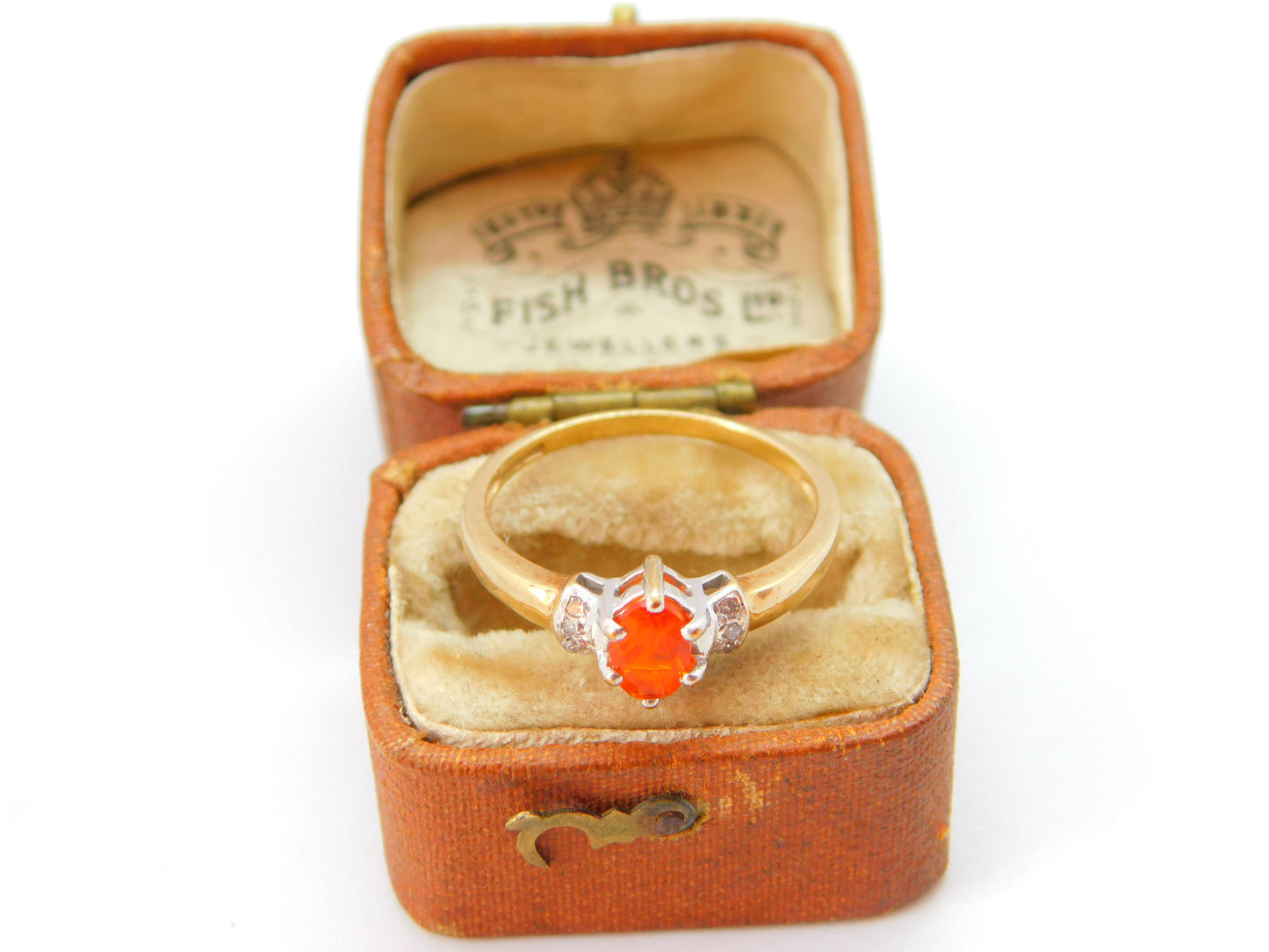 9ct Yellow Gold, Fire Opal & Diamond Set Band Ring Vintage c1990 London