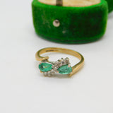9ct Yellow Gold, Emerald & Diamond Crossover Ring Vintage 1988 London