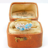 9ct Yellow Gold, Blue Topaz & Spinel Set Floral Band Ring Vintage 1988 Birmingham