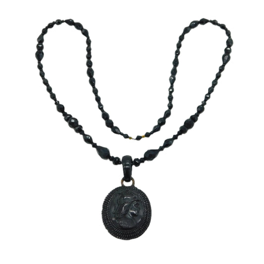 19th Century French Jet Cameo Mourning Necklace Gold Locket Back Antique c1860