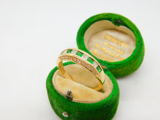 14ct Yellow Gold Green & White Paste Set Boat Ring Vintage 1999 London