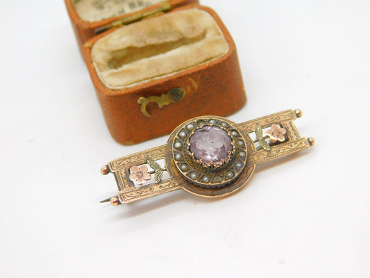 Victorian 9ct Gold, Seed Pearl, Amethyst Sweetheart Brooch 1890 Antique Birmingham