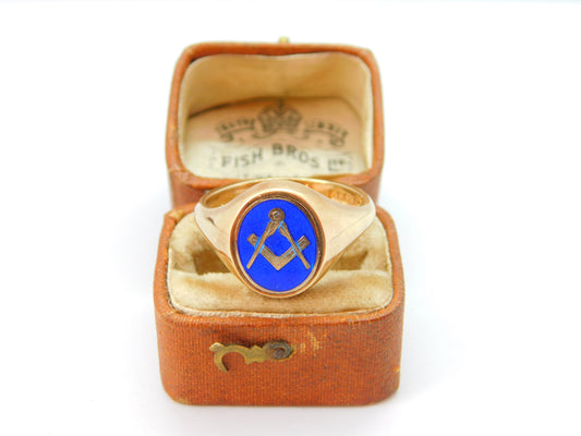 9ct Gold, Blue Enamel Masonic Spinning Secret Symbol Ring 1972 Birmingham