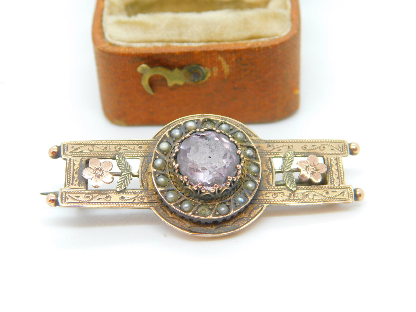 Victorian 9ct Gold, Seed Pearl, Amethyst Sweetheart Brooch 1890 Antique Birmingham