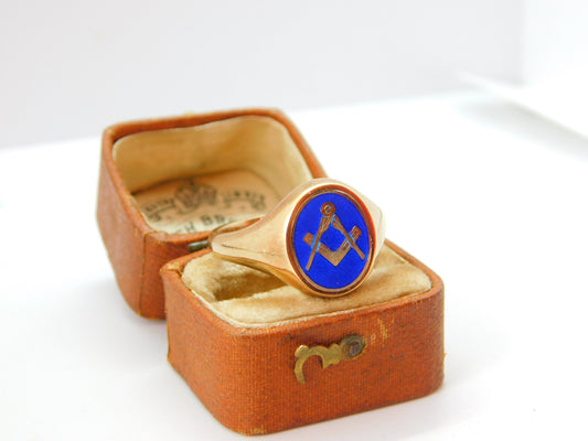 9ct Gold, Blue Enamel Masonic Spinning Secret Symbol Ring 1972 Birmingham