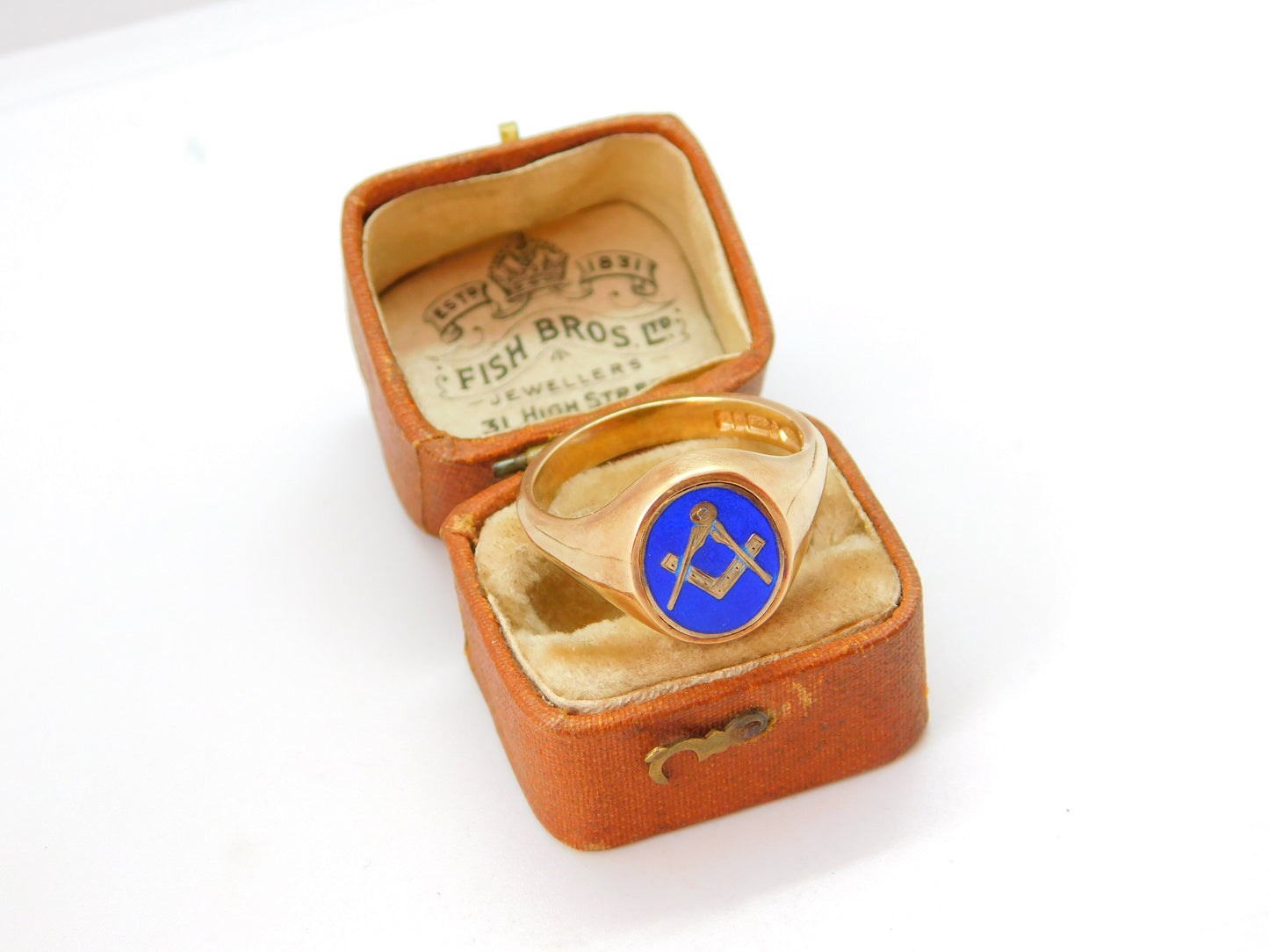 9ct Gold, Blue Enamel Masonic Spinning Secret Symbol Ring 1972 Birmingham