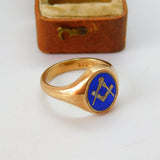 9ct Gold, Blue Enamel Masonic Spinning Secret Symbol Ring 1972 Birmingham