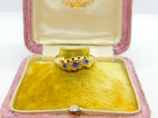 Victorian 18ct Yellow Gold, Sapphire & Diamond Boat Ring Birmingham c1890