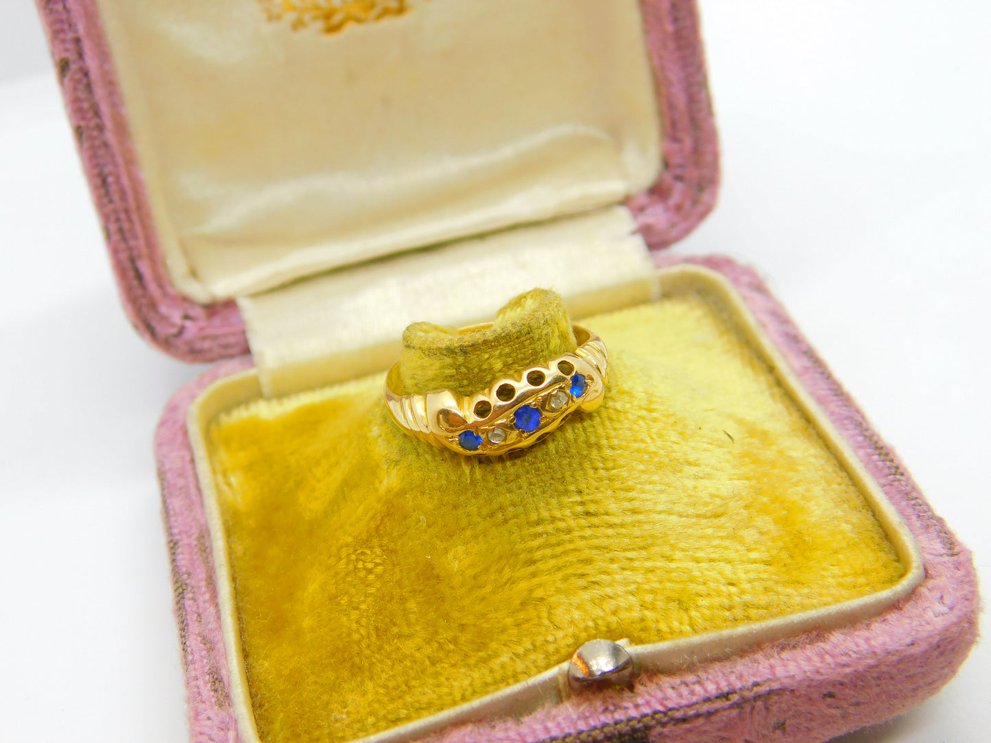 Victorian 18ct Yellow Gold, Sapphire & Diamond Boat Ring Birmingham c1890