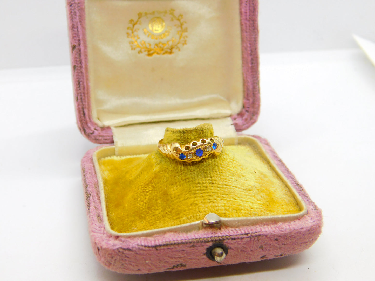 Victorian 18ct Yellow Gold, Sapphire & Diamond Boat Ring Birmingham c1890