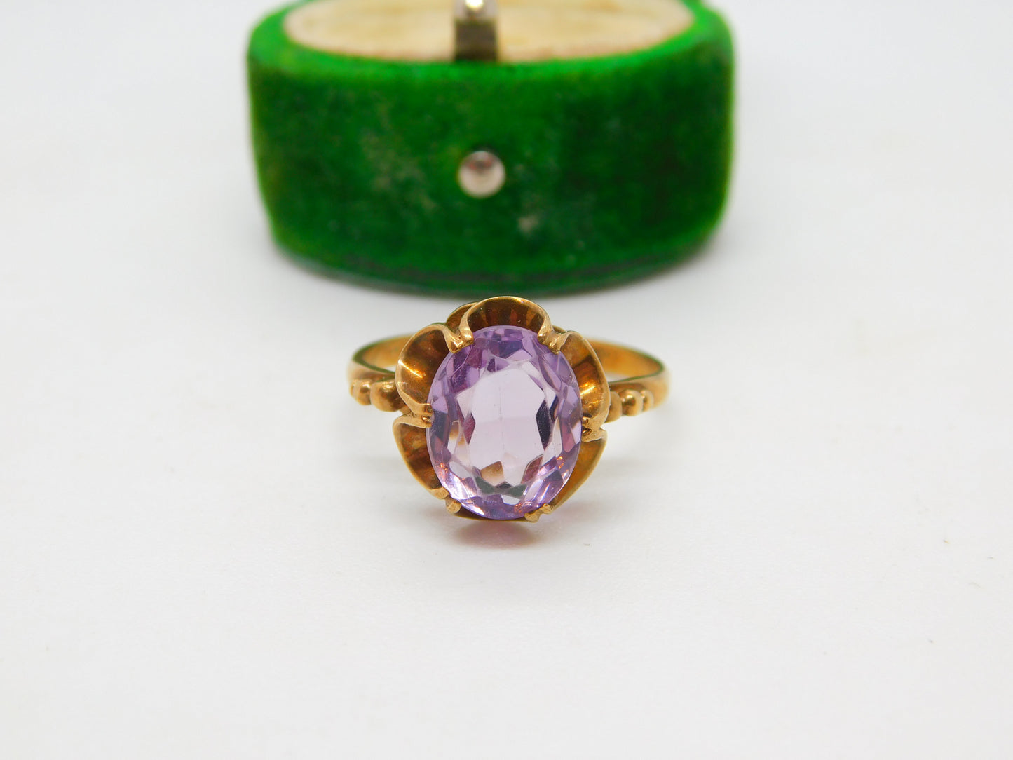 9ct Yellow Gold & Amethyst Floral Dress Ring Vintage 1975 Birmingham