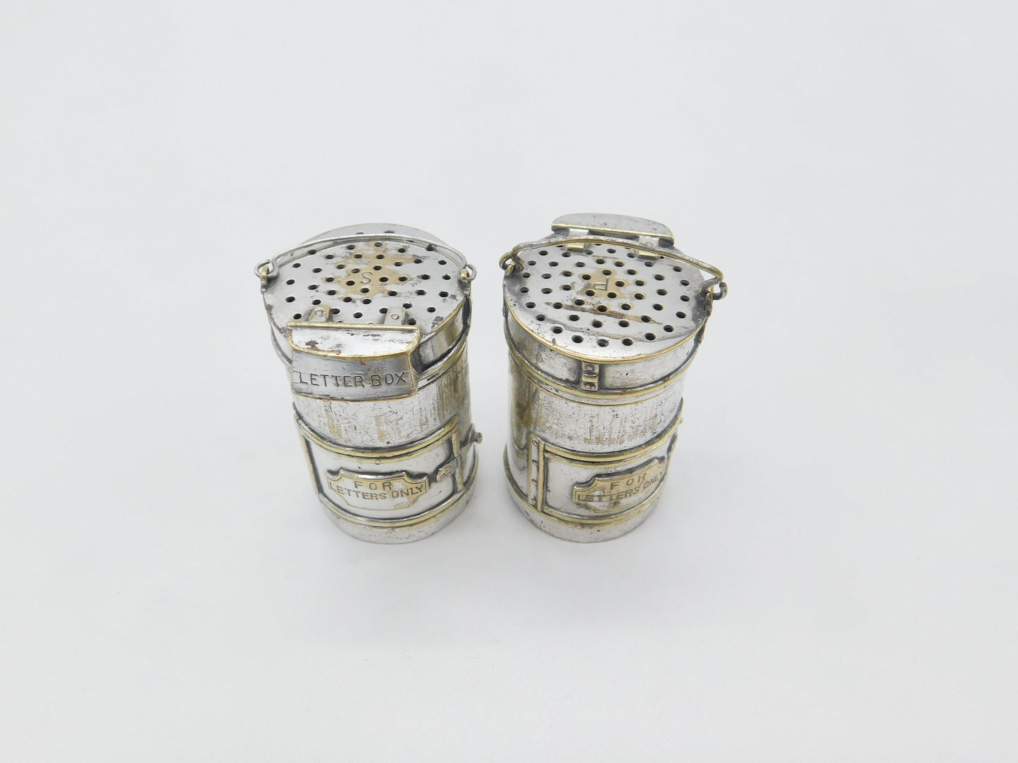 Victorian Pair Novelty Silver Plated Post Box Salt & Pepper Shakers Antique 1880