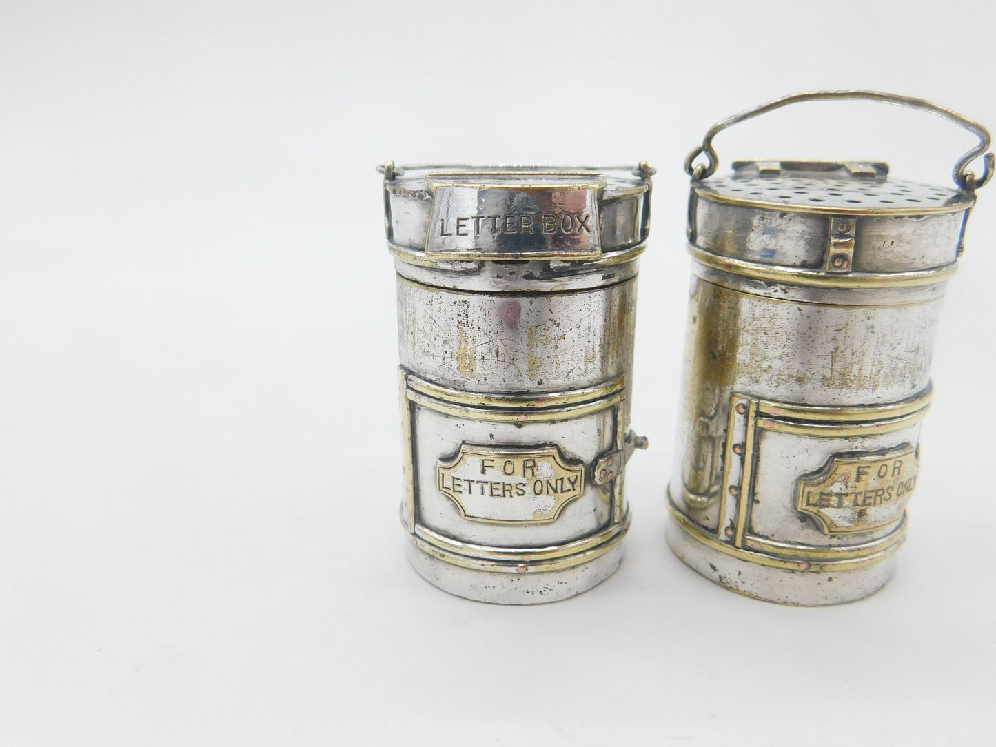 Victorian Pair Novelty Silver Plated Post Box Salt & Pepper Shakers Antique 1880