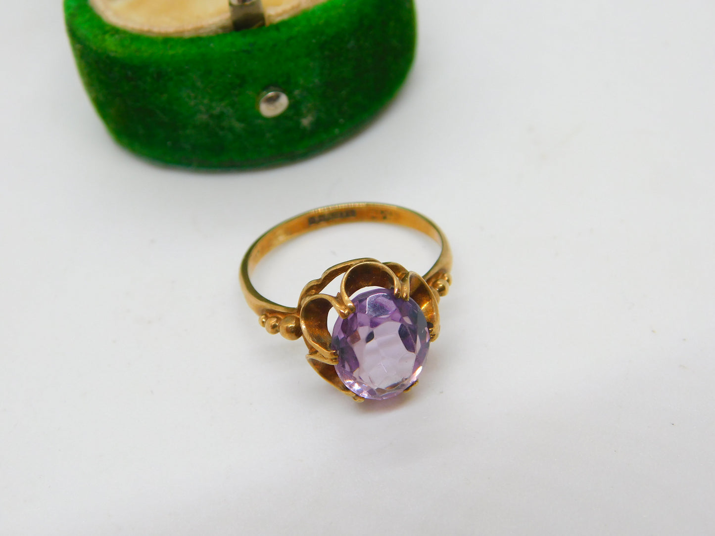 9ct Yellow Gold & Amethyst Floral Dress Ring Vintage 1975 Birmingham