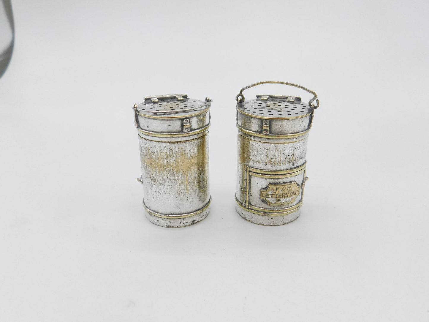 Victorian Pair Novelty Silver Plated Post Box Salt & Pepper Shakers Antique 1880