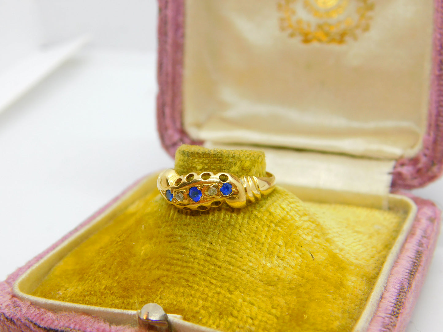 Victorian 18ct Yellow Gold, Sapphire & Diamond Boat Ring Birmingham c1890