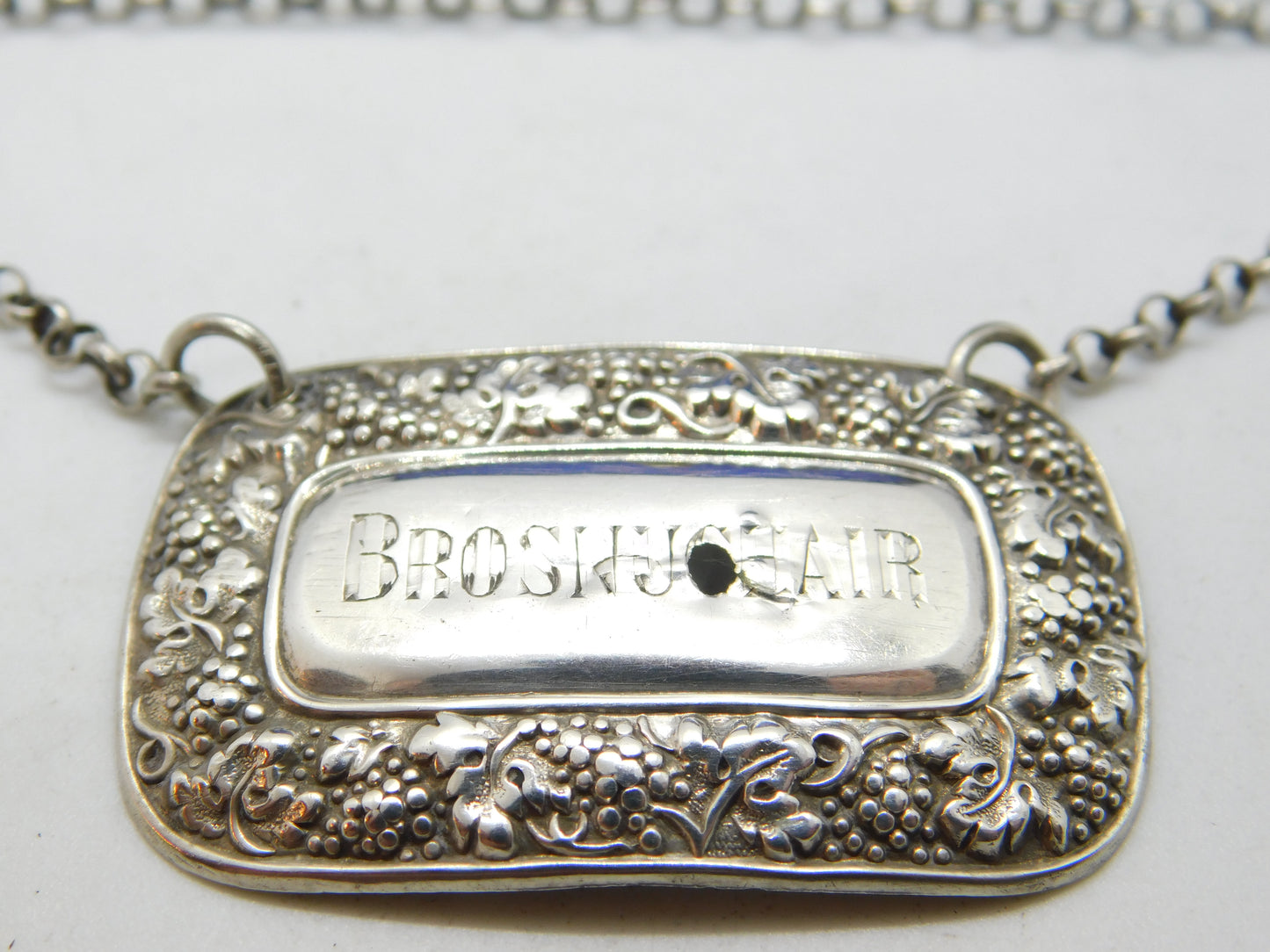 Georgian Sterling Silver 'Brosnuchair' Decanter Label Antique 1824 Birmingham