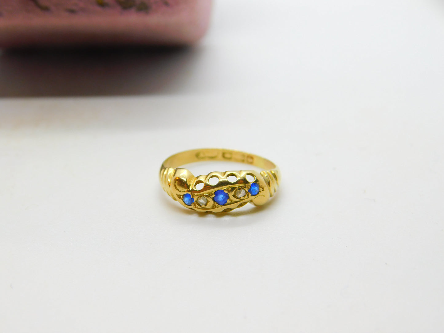 Victorian 18ct Yellow Gold, Sapphire & Diamond Boat Ring Birmingham c1890