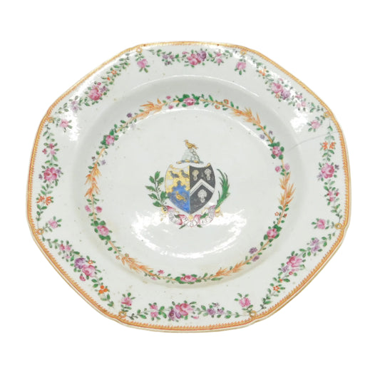18th Century Painted Porcelain Armorial Dish 'Hudson Family' Antique c1770