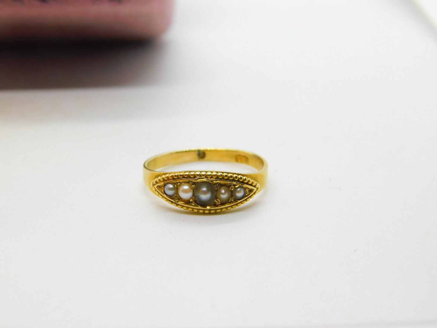 Victorian 18ct Yellow Gold Graduating Seed Pearl Boat Ring Antique c1860