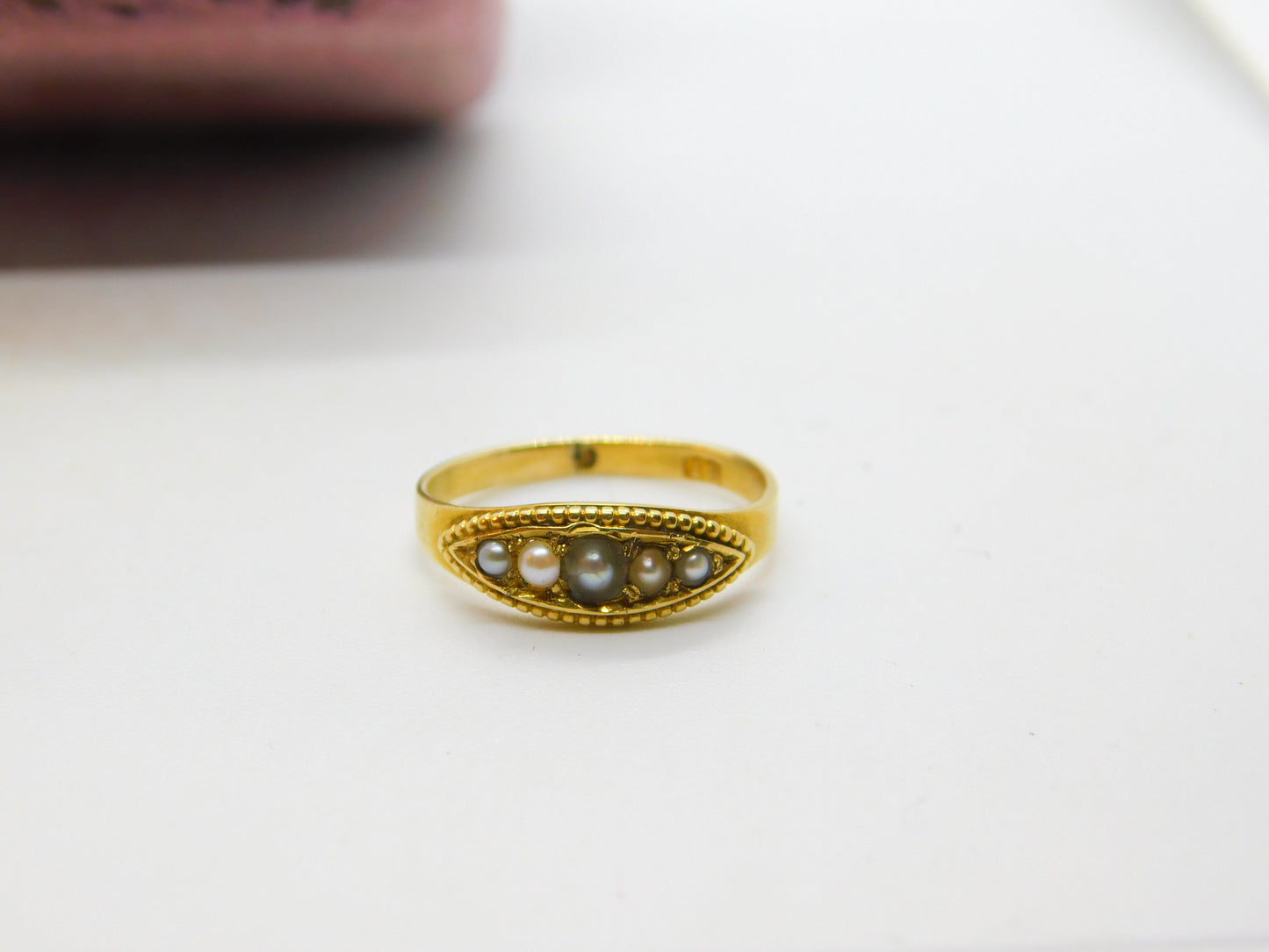 Victorian 18ct Yellow Gold Graduating Seed Pearl Boat Ring Antique c1860