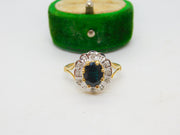 9ct Yellow Gold, Sapphire & Diamond Floral Cluster Ring Antique c1980 Birmingham