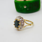 9ct Yellow Gold, Sapphire & Diamond Floral Cluster Ring Antique c1980 Birmingham