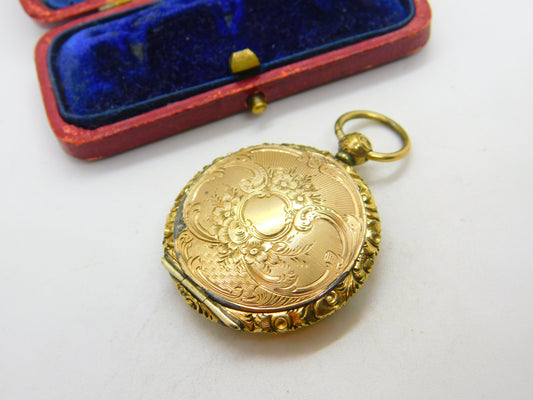 Victorian Pinchbeck Gold Floral Pattern Locket Fob Pendant Antique c1860