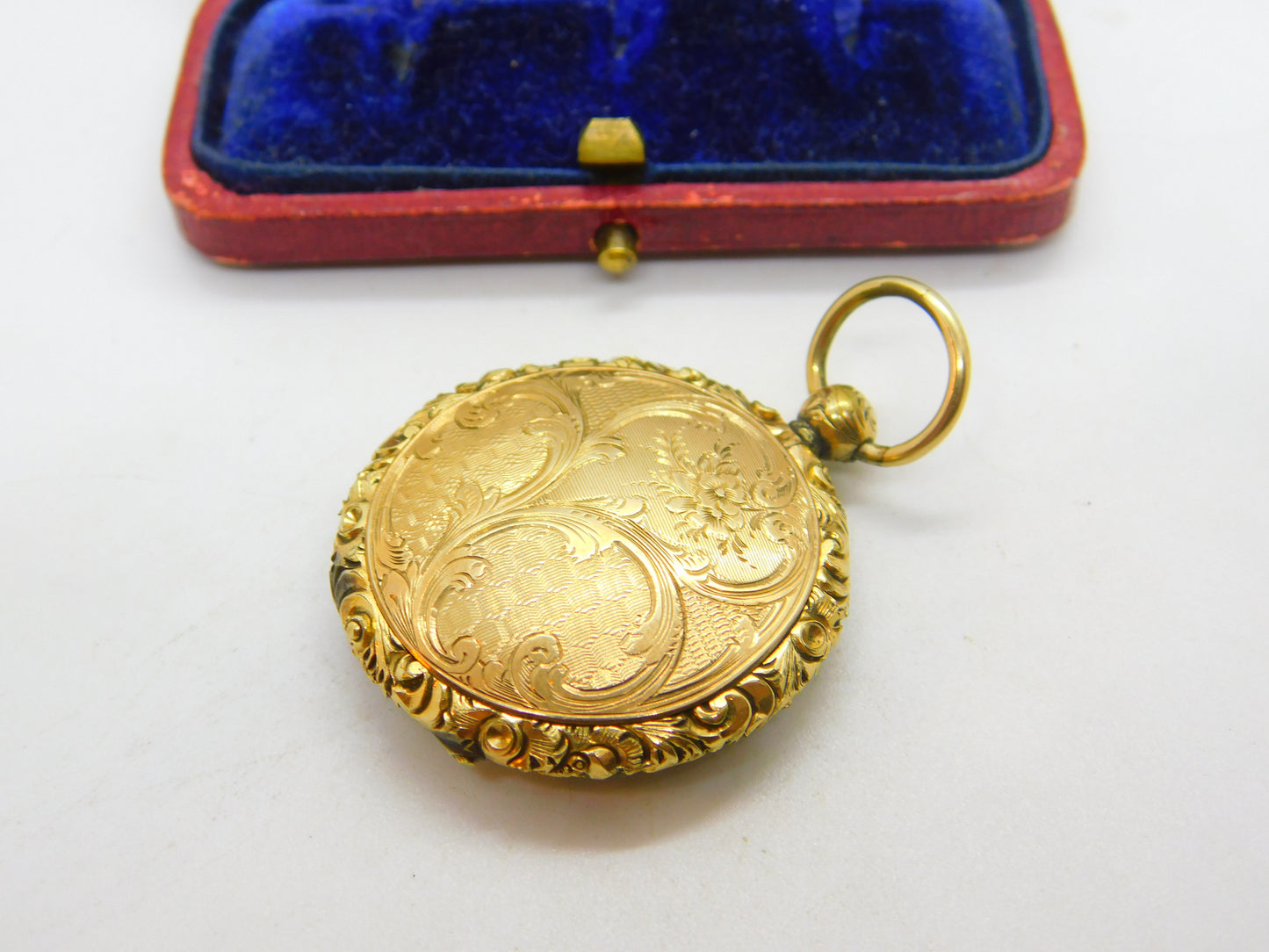 Victorian Pinchbeck Gold Floral Pattern Locket Fob Pendant Antique c1860