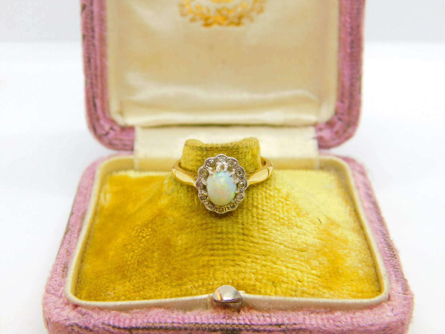 Victorian 18ct Yellow Gold, Cabochon Opal & Diamond Floral Cluster Ring c1890