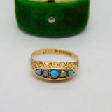 9ct Yellow Gold, Turquoise & Pearl Set Boat Ring Antique 1917 Chester Art Deco
