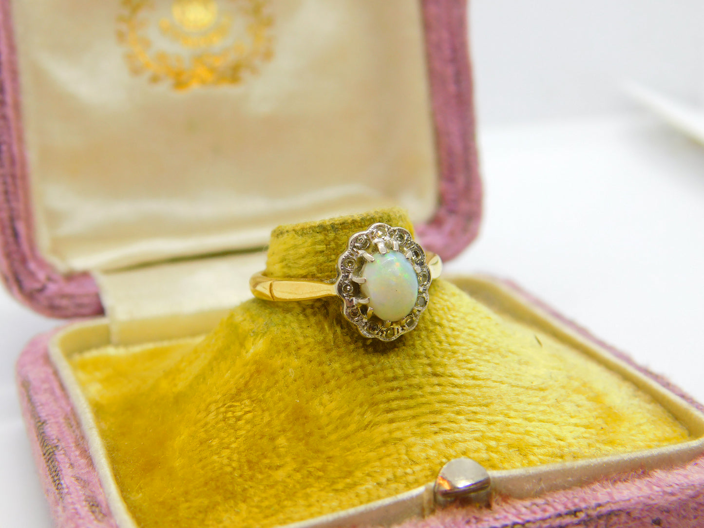 Victorian 18ct Yellow Gold, Cabochon Opal & Diamond Floral Cluster Ring c1890