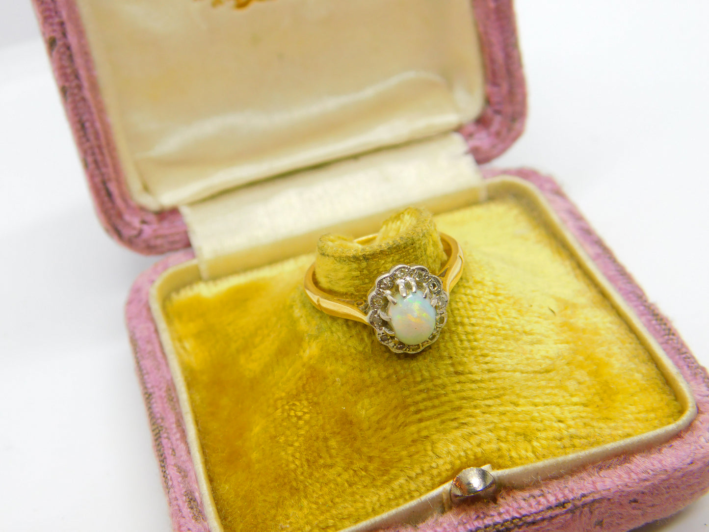 Victorian 18ct Yellow Gold, Cabochon Opal & Diamond Floral Cluster Ring c1890