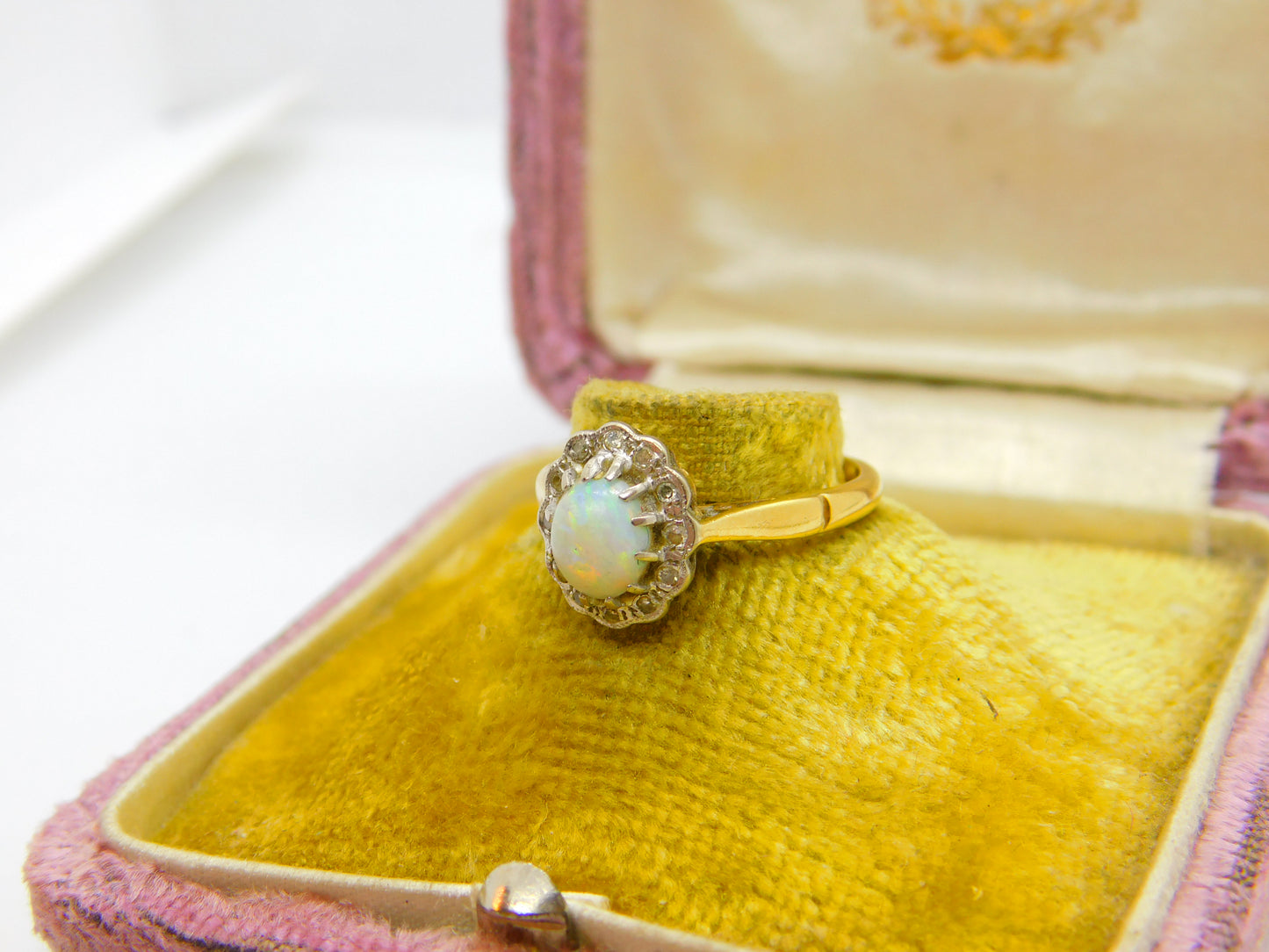 Victorian 18ct Yellow Gold, Cabochon Opal & Diamond Floral Cluster Ring c1890