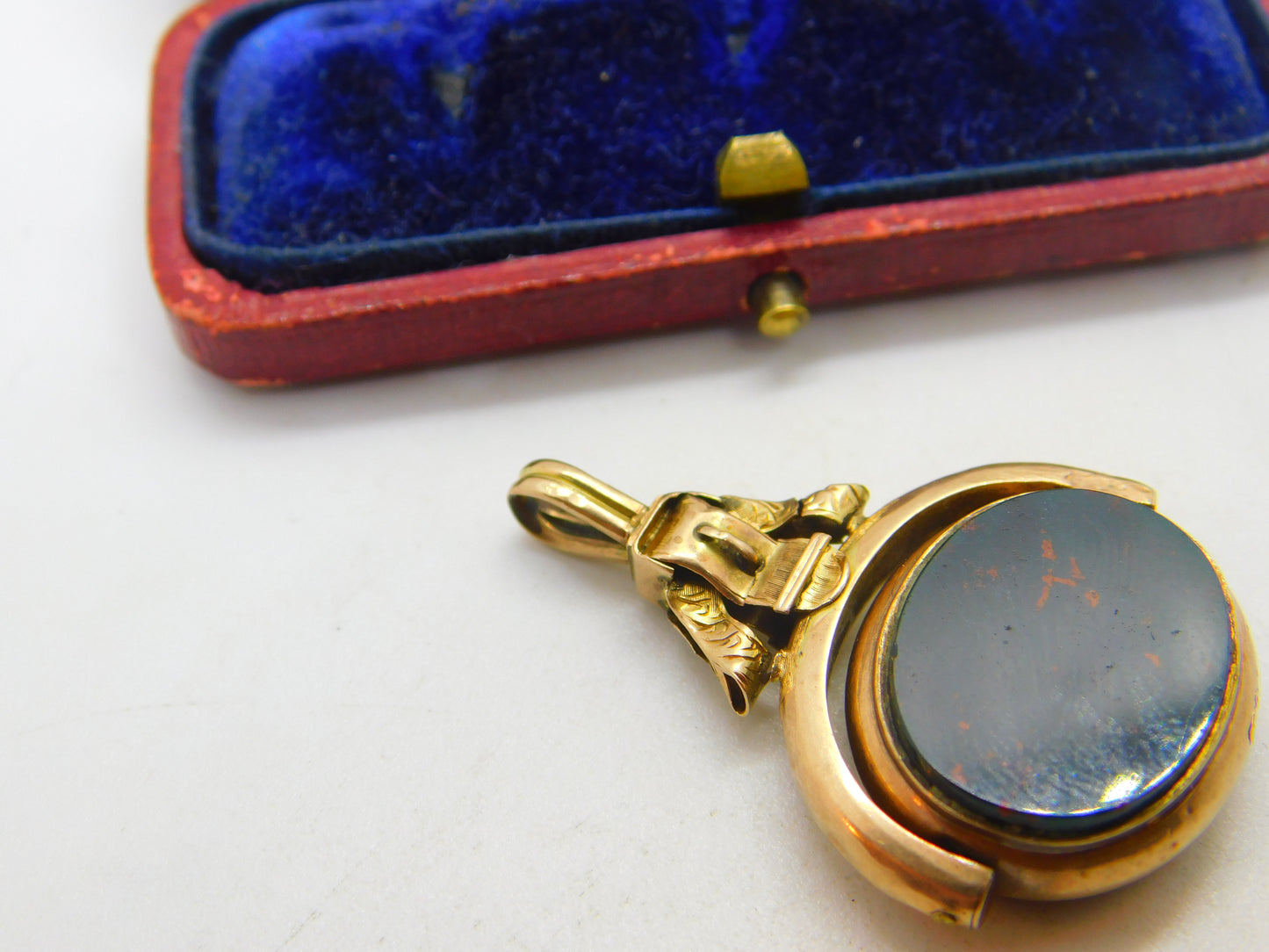 Victorian 10ct Gold, Bloodstone & Carnelian Buckle Form Spinner Fob c1890