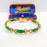 14ct Yellow Gold & Green Jade Set Rope Form Panel Bracelet Antique c1940