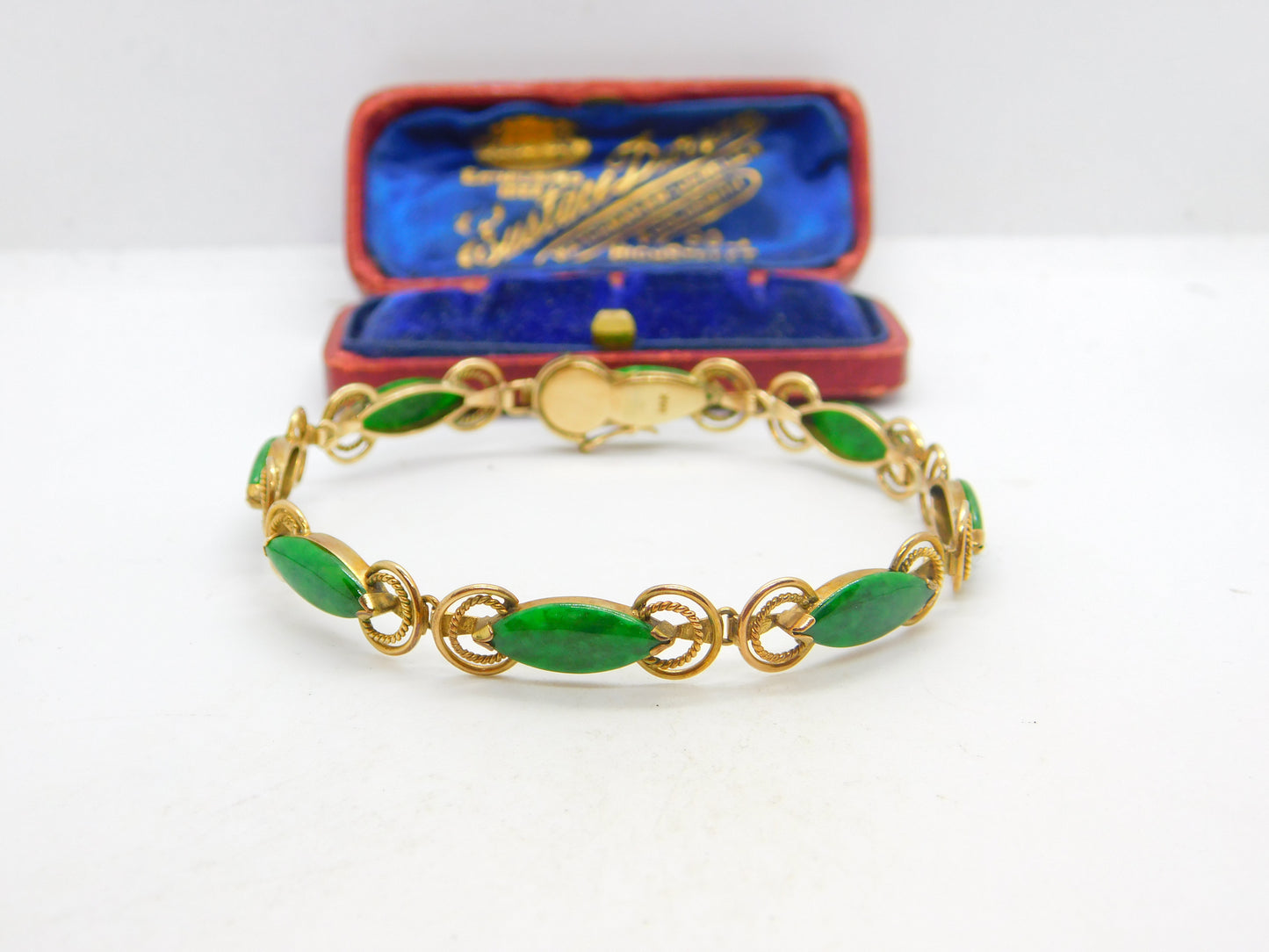 14ct Yellow Gold & Green Jade Set Rope Form Panel Bracelet Antique c1940