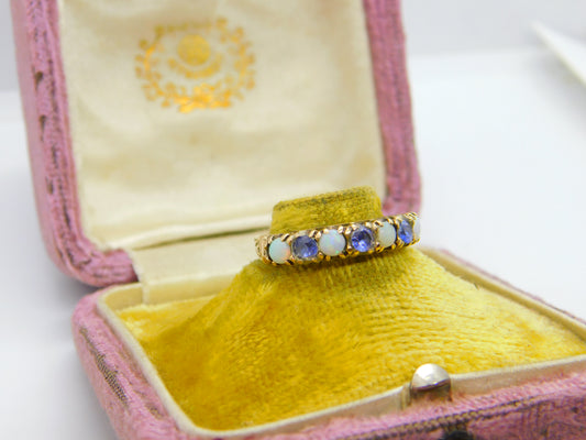 9ct Yellow Gold, Amethyst & Opal Half Eternity Ring Vintage 1978 London