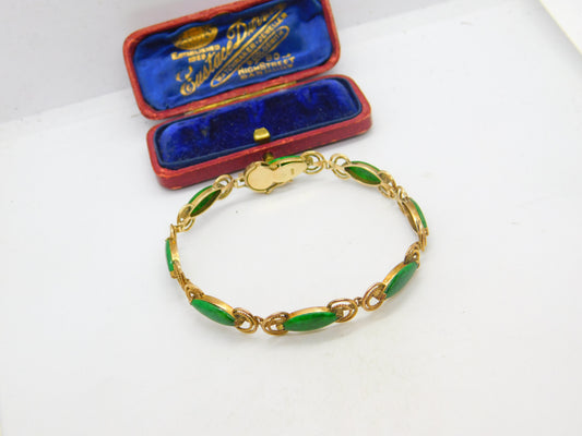 14ct Yellow Gold & Green Jade Set Rope Form Panel Bracelet Antique c1940